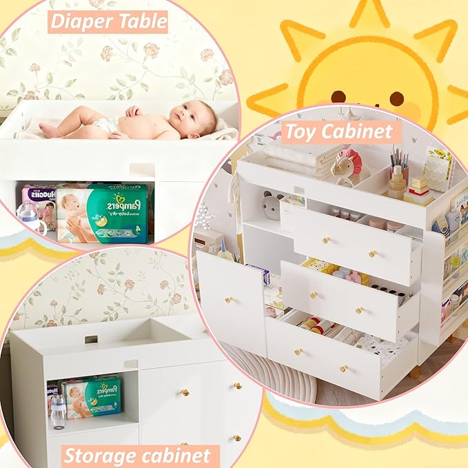 Baby Changing Table Dresser,Diaper Changing Table with Large Tabletop,4 Drawers, Open Storage Space & Side Shelves,Modern Storage Crib with Changing Table for Nurseries and Baby Rooms,White