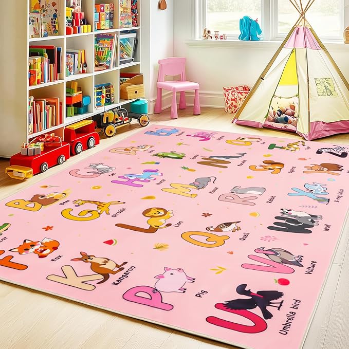 Kids Rugs for Playroom, 3x4 Feet Educational Rug for Learn The ABC Alphabet, Soft Machine Washable Non-Slip Cute Cartoon Animals Carpet for Classroom Toddler Nursery Kids Room Decor, Pink