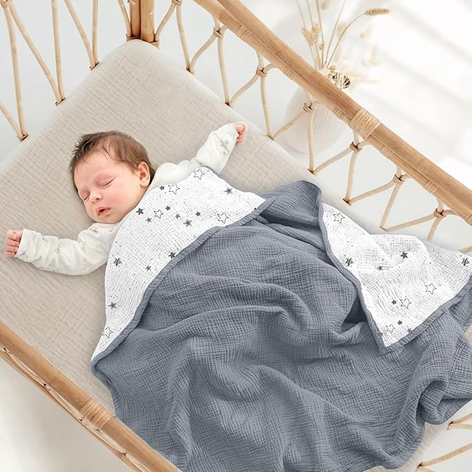 lulumoon Muslin Baby Blanket - Cotton Toddler Blankets for Cribs - Quilt Nursery Blanket for Baby Boys and Girls 47"x47"(Starry Sky Gray)