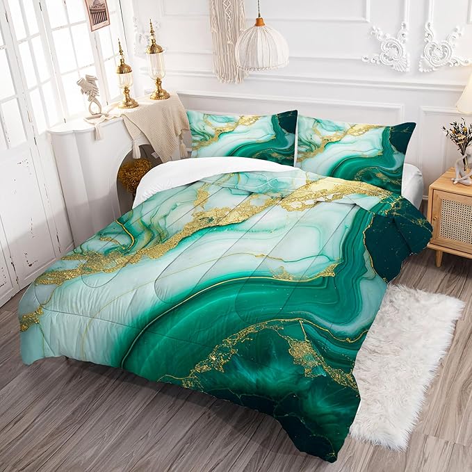 Comforter Set Green Marble: Full Size Emerald Green Gold Bedding Set for Teen Girls Kids Adults Abstract Turquoise Watercolor Marbling Quilt Bed Sets 1 Comforter & 2 Pillowcases