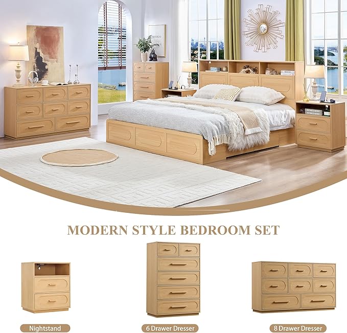 6 Drawers Dresser for Bedroom, 44" Tall Mid Century Modern Chest of Drawers with Solid Wood Handle, Large Wood Storage Dresser Organizer for Bedroom, Living Room, Natural Oak