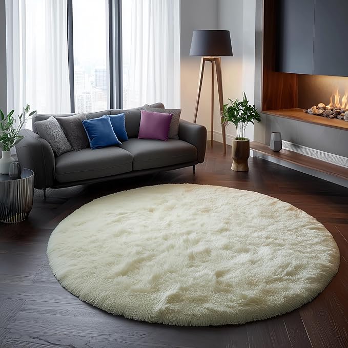 Amdrebio Ivory White Round Rug 5Ft for Bedroom Living Room Aesthetic, Washable Fluffy Fuzzy Circle Area Rugs for Kids Room Playroom, Circular Plush Soft Shaggy Cream Carpet for Dorm Teen Baby Nursery