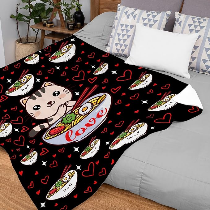 Thuswarm Kawaii Ramen Cat Red Heart Love Flannel Throw Blanket Warm Cozy Soft Funny Print Blankets for Bed Couch Sofa Room Decoration Gifts 40"×30" XSmall for Pets