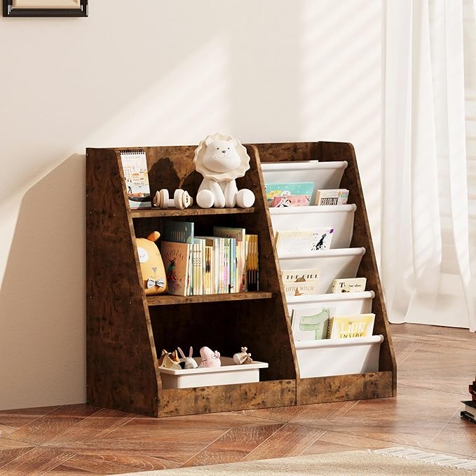 NACHES 3 Tier Kid Bookshelf Wooden 4 Sling Children Bookcase Adjustable Toddler Book Rack Display Toy Storage Organizer Book Display Shelf Stand Classroom Bedroom Nursery Playroom,25 inch(Rustic)