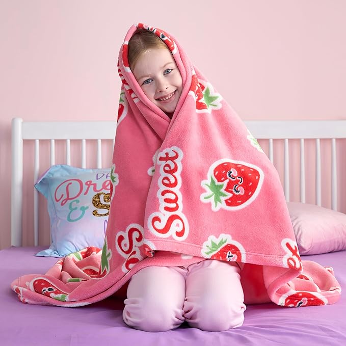 Joiedomi Glow in The Dark Blanket Strawberry Gift for Girls Age 2 3 4 5 6 7 8 9 10 11 12 Year Old Girl Gifts, Soft Cozy Flannel Kids Throw Blanket, Birthday Bedroom Decor 50"×60"