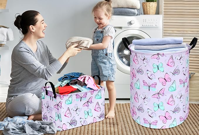 KUNRO Round Laundry Gift Basket Storage Hamper, Kids Toys and Clothes Storage Organizer Bins, Toy Shelf Basket with Handles for Room Decor (Purple Butterfly)