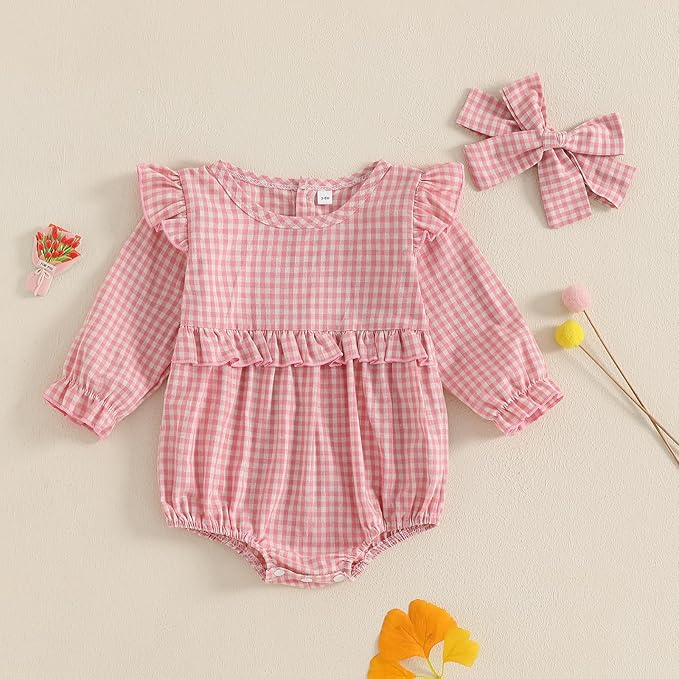 Karuedoo Newborn Baby Girl Clothes Gingham Plaid Bubble Romper Long Sleeve Ruffle Bodysuit with Headband Spring Fall Outfit