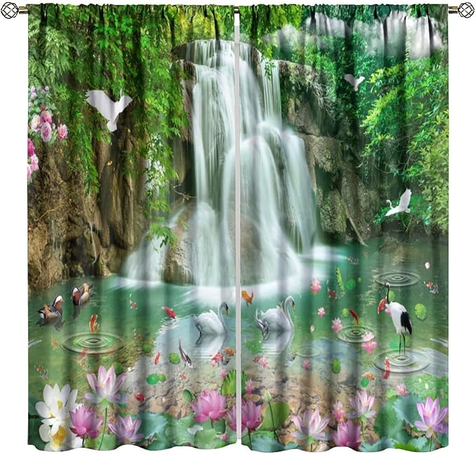 Scenery Waterfall Blackout Curtains, China Country Landscapes Nature Pattern Window Drapes, for Bedroom Living Room 84" W X 84" L