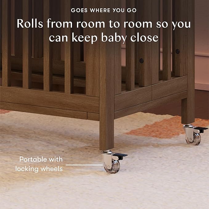 babyletto Rolli Convertible All-Stages® Bassinet and Full-Size Crib in Natural Walnut, Greenguard Gold Certified, FSC Certified, Portable & Adjustable with Conversion Kits and Pads Included