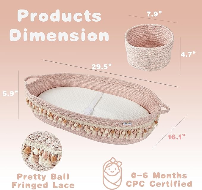 Baby Changing Basket, Foldable Portable Changing Pad, Moses Basket for Newborn, Changing Table Topper for Dresser, Cotton Rope Diaper Caddy for Travel&Nursery, Waterproof Foam Pad Cover, Pink