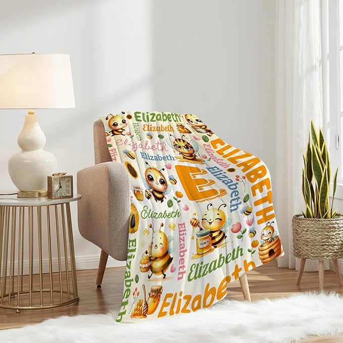 Personalized Custom Honey Bee Blanket Gifts for Kids Boys Girls with Name - Customized Honey Bee Super Soft Lightweight Flannel Sheets Decor for Crib Nap Couch - 50"x60" for Teens