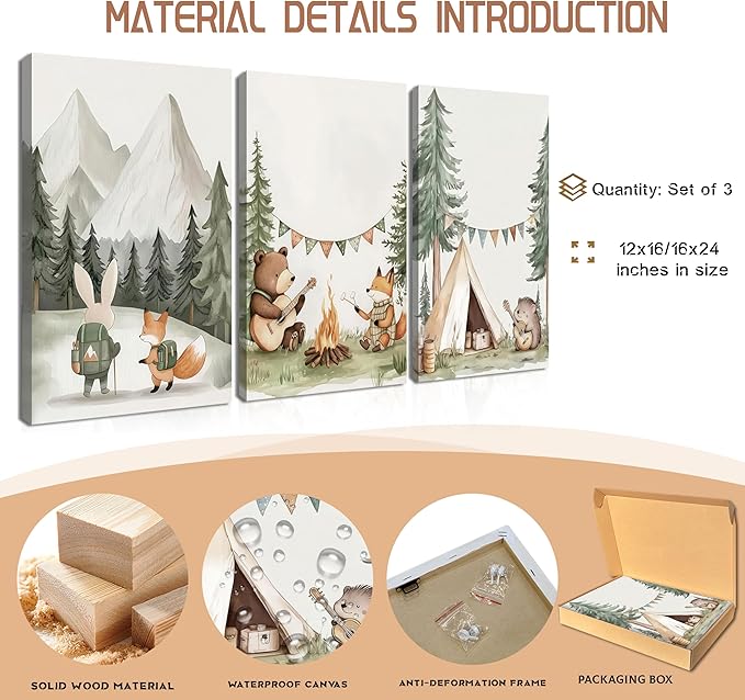 AKWISH Nursery Woodland Animals Canvas Wall Art, Cute brave Bear Fox Rabbit Hedgehog Nursery Wall Decor, Framed Wildlife Camping Picture Prints for Kids Room Baby Bedroom – 16x24in