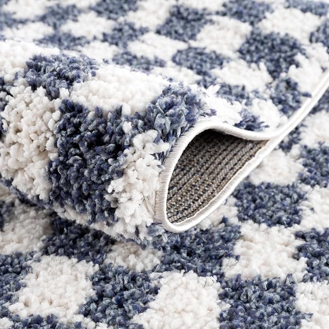 Hauteloom Kieu Contemporary Checkered Fluffy Shag Area Rug - Modern Geometric Soft Carpet Tiles for Living Room, Kids Room, Nursery - Blue, White - 5'3" x 7'