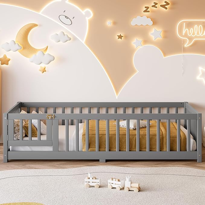 Bellemave Twin Size Floor Bed with Rails for Kids, Girls, Boys, Pine,Plywood Floor Bed with slats and Door, Grey