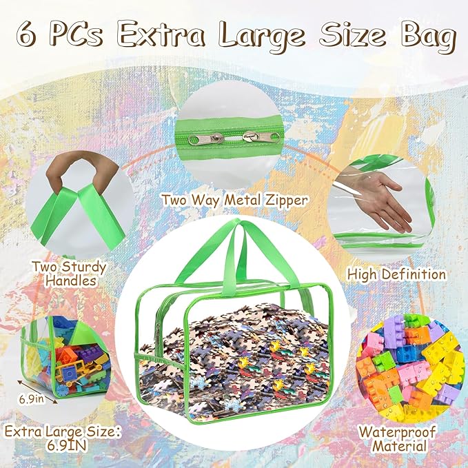12.6 * 9.25 * 6.9 IN Extra Large Toy Storage Bags, 6 Packs Clear Colorful Waterproof Toy Organizer Bags with Labels, Dual Zippers and Portable Handheld Design, Board Game Storage for Building Blocks