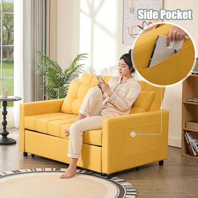 52" Sleeper Sofa with Pull-Out Bed, 3-in-1 Convertible Sofa Bed, Loveseat with Stepless Adjustable Backrest and Side Pocket, for Living Room Dorm Apartment, Linen, Yellow