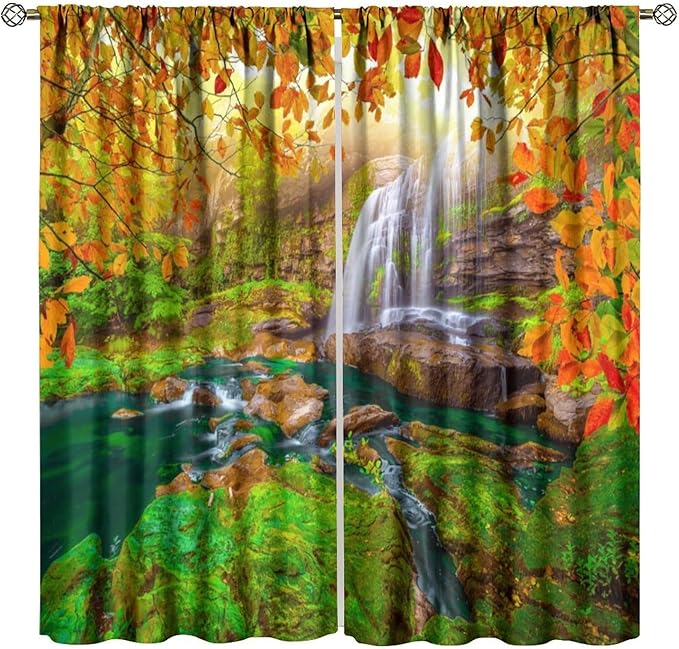 Waterfall Blackout Curtains, Waterfall Landscape Autumn Nature Leaves Forest Window Drapes, for Bedroom Living Room 63" W X 72" L