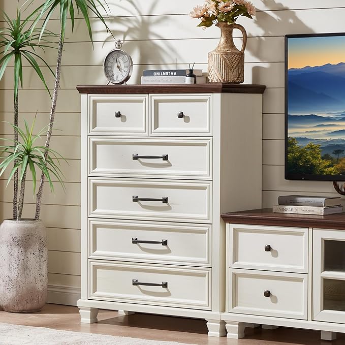 Farmhouse Bedroom Dresser and Nightstand Set of 4, 6 Drawer Tall & 5 Drawers Dresser & 3 Drawer Nightstand Set with Wooden Legs, Rustic Wood Furniture for Bedroom, Hallway, White