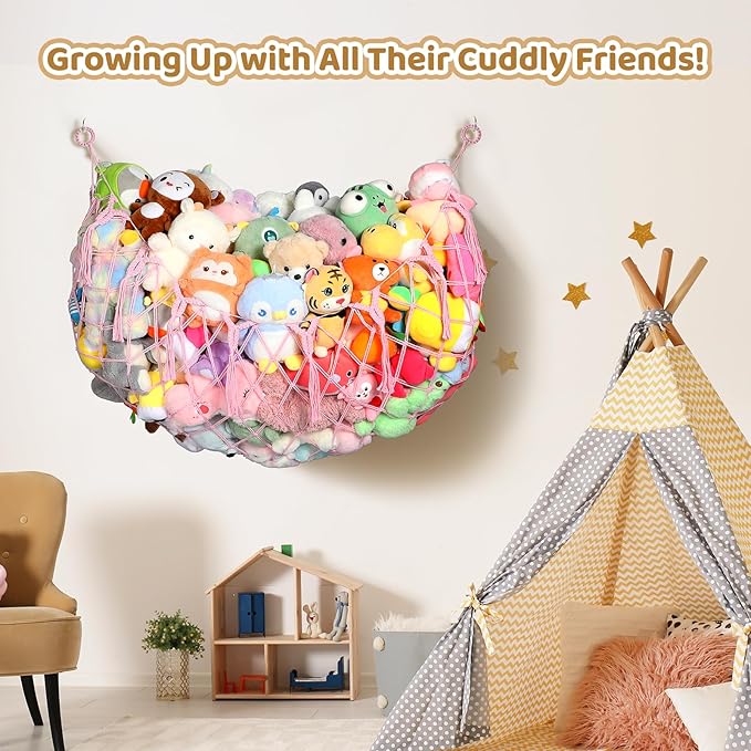 Yecaye 60 IN Stuffed Animal Hammock, Hanging Stuffed Animal Storage with Handmade Macrame Tassels, Net for Stuffed Animals Corner Large for Nursery Living Room Wall Decoration, Fairy Pink