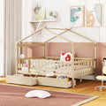 Merax Full Size Wooden House Bed with Two Drawers, Wood Bed Frame with Roof and Safety Guardrail for Kids, Teens, Boys or Girls, Natural