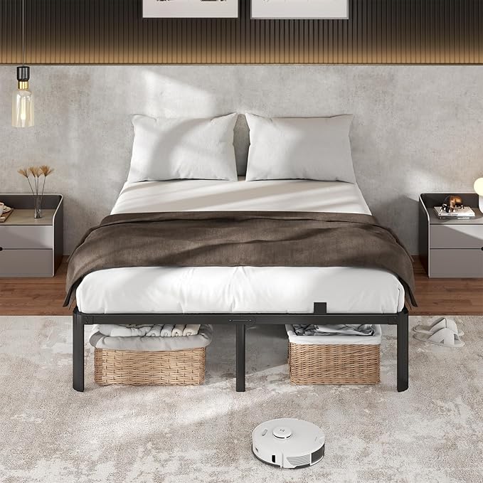 Metal Bed Frame Full Size, 14 Inch 3500 lbs Heavy Duty Platform Bed Frames Steel Slats Noise Free No Box Spring Needed, Easy Assemble Sturdy Bedframe Rounded Corner with Storage and Mattress Retainers
