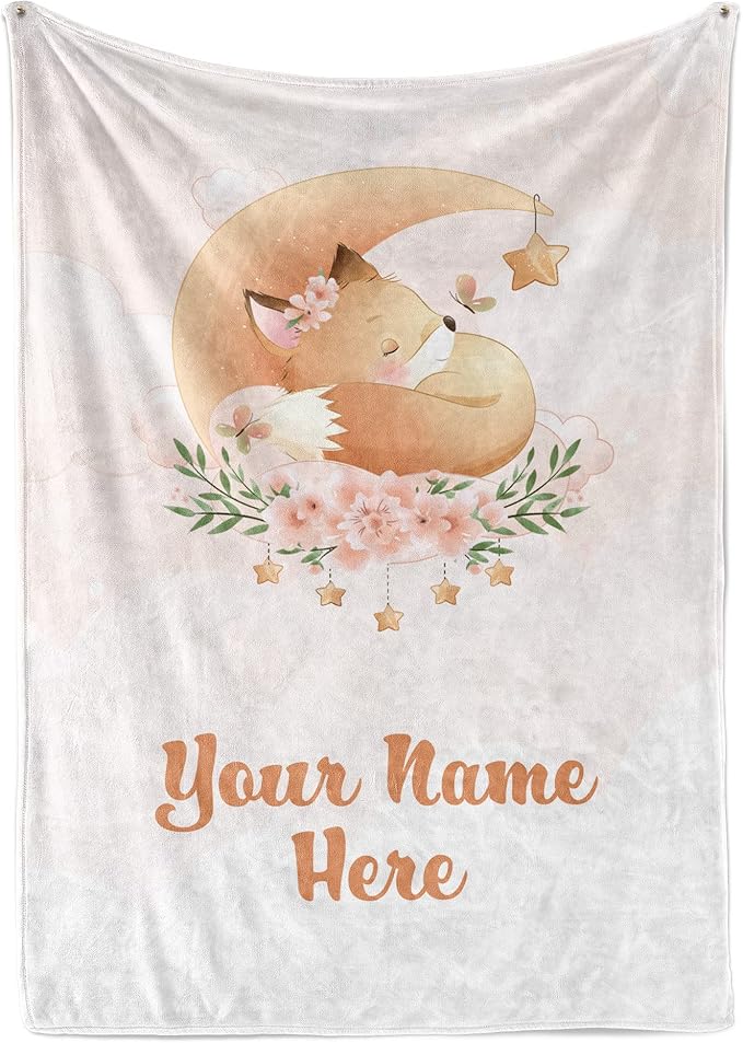 Personalized Baby Blankets with Name | Custom Fox Baby Blanket for Girl and Baby Boy | Unisex Warm Soft Fleece Swaddle Blanket Minky | (Fox, Fleece 60"x80")