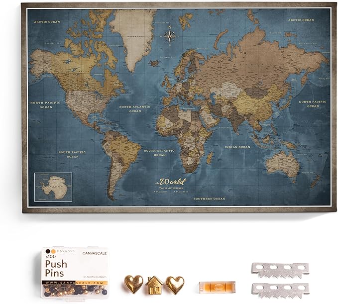 Canvas World Map with Cork Pin Board - English Lettering - Decorative Wall Decoration for All Rooms - Canvas Pictures with World Map Motif (90x60 cm, Pattern 13)