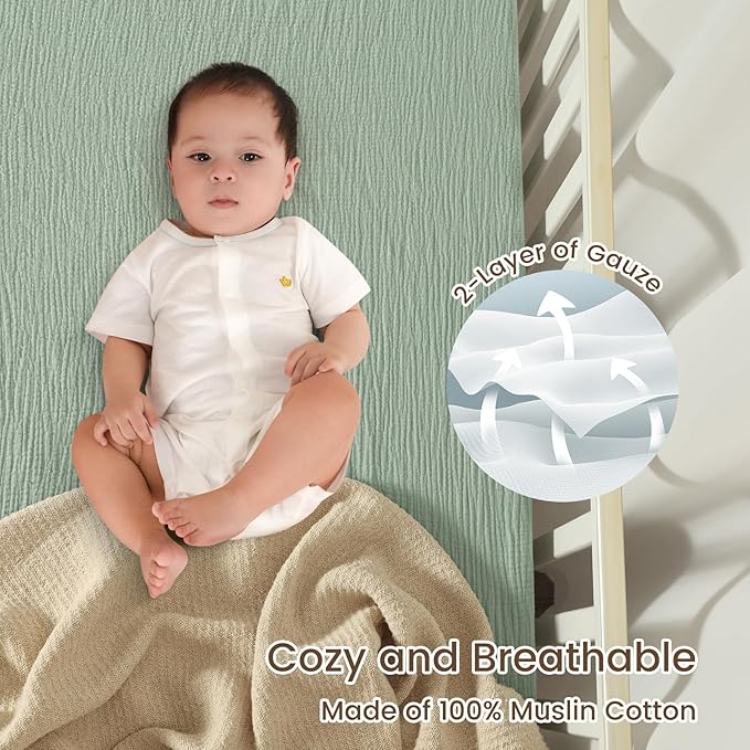 david's kids Muslin Crib Sheets for Boys Girls, 2 Pack 100% Cotton Soft Breathable Fitted Baby Neutral Sheet Set, Standard 52"x28" Crib and Toddler Mattress, Sage Green & Dusty Blue