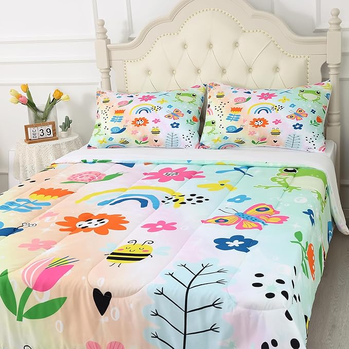 Rainbow Comforter Sets Twin Size Cartoon Floral Frogs Bedding Set for Girls Kids Children Boys Butterfly Flowers Bees Insects Cute Kawaii Quilt 1 Comforter + 1 Pillow Case