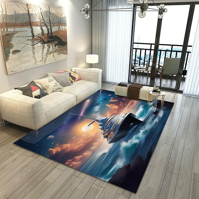 5' x 7' Nautical Ship Rug for Kids Room Galaxy Ferry Boat Rugs for Boys Bedroom Ocean Cloud Carpet Sun Planet Printed Throw Rugs for Teens Living Room,150x210cm