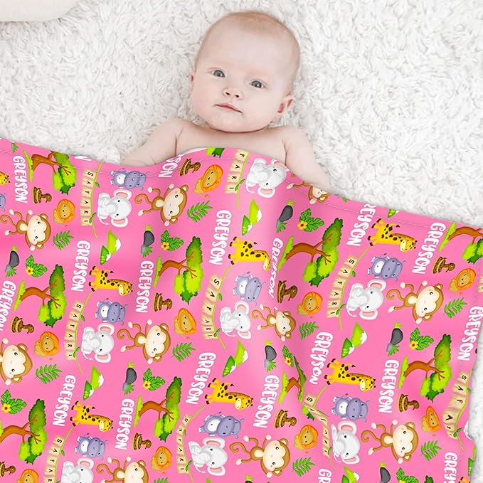 Custom Safari Animals Blanket Gift, Personalized Baby Blanket with Name, Soft Plush Flannel/Sherpa Fleece Throw Blankets for Toddler Kid Teen Boys Girls Color08