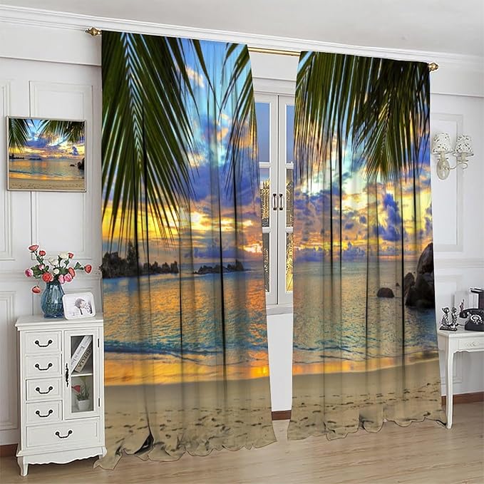 Ocean Beach Curtains,Sunset on Beach in The Evening Hawaiian Seaside Scene Pattern Blackout Print Home Bedroom Living Room Window Treatments 2 Panel Set 72x63 Inch