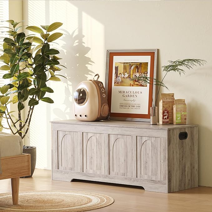 DINZI LVJ Storage Chest, 47.2" Rattan-Like Toy Box with 2 Safety Hinges, Wooden Entryway Storage Bench with Flip-Top, Large Trunk for Living Room, Bedroom, Easy Assembly, Greige