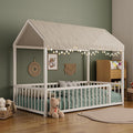 Twin Size Metal Floor Bed Frame,House Shaped Bed with Fence for Kids and Toddlers,Easy Assemble, No Slats,White