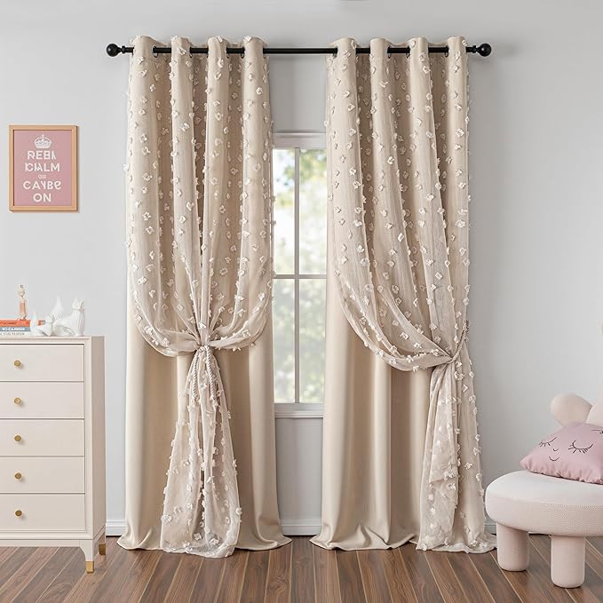 MYSKY HOME Beige Curtains for Girls Bedroom 84 Inches Long Blackout Nursery Curtains Double Layer Beige Pom Pom Sheer Overlay for Toddler Room Grommet Privacy Room Darkening Window Drapes 52" x 84"