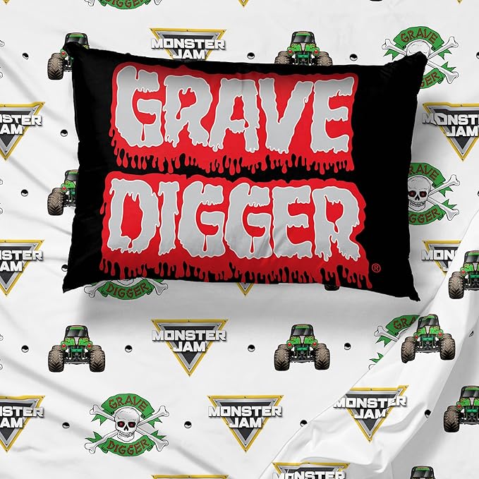Sunny Side Up Monster Jam Grave Digger Twin Sheet Set - 3 Piece Kids Bedding Set Includes Pillow Cover - Super Soft Microfiber Sheets