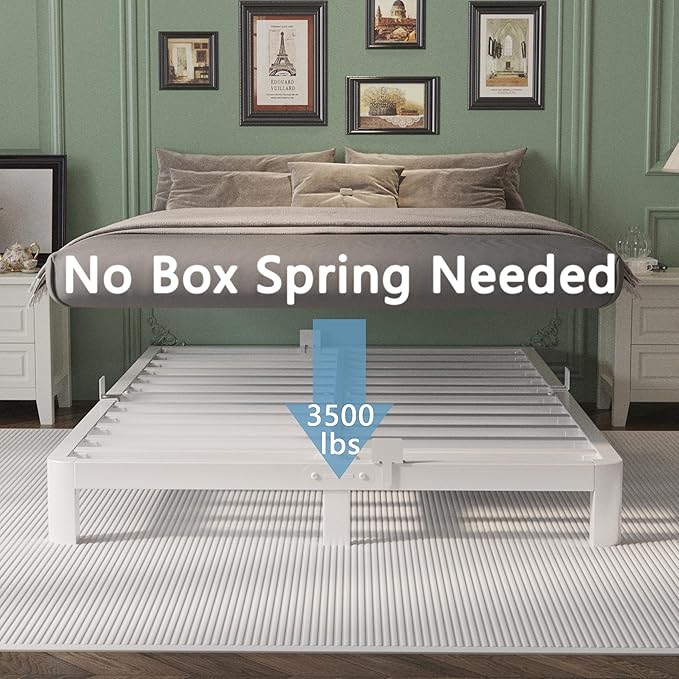 Queen Bed Frame 6 Inch White, Metal Bed Frame Queen Size with Gaskets, No Box Spring Need, Heavy Duty Steel Platform Support, Round Corner Design, Noiseless, Easy Assembly