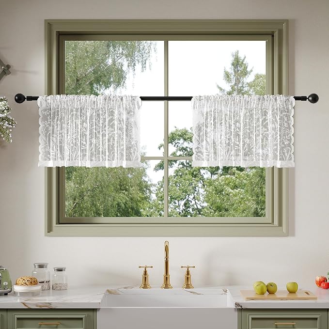 Anmao Vintage Lace Kitchen Curtains 18 Inches Long 2 Panels, Romantic Semi Sheer Floral Over Sink Lacy Cafe Curtain, Elegant Window Short Small Drapes, 55W x 18L, White Leaf