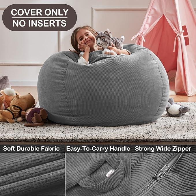 Nobildonna Bean Bag Chair Cover (No Filler) for Kids and Adults,Beanbag Stuffed Animal Storage Without Filling Plush Toys Holder and Organizer Soft Premium Corduroy 200L