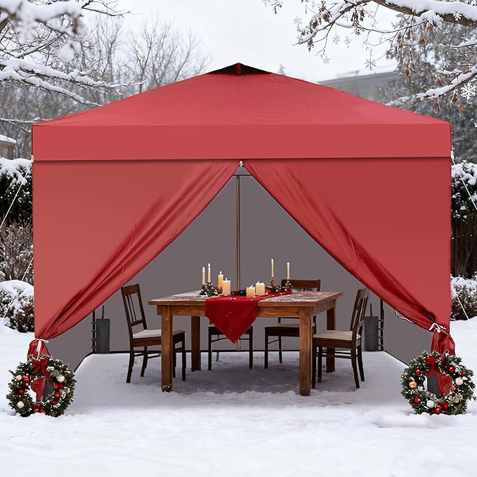 GDY 12x12 Pop Up Canopy Tent with 4 Sidewalls, Easy Set up with One Push Lift Outdoor Silver Coated Beach Gazebos, Carpas for Pool, Events, Parties, and Camping, Red.