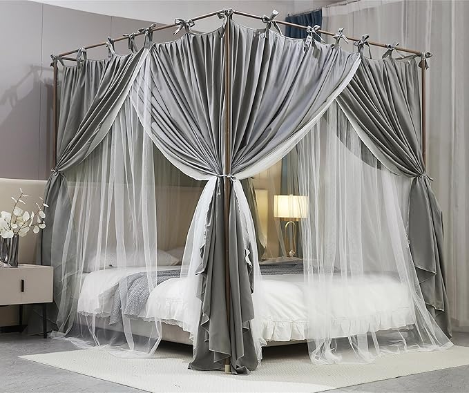 4 Corners Post Princess Curtain Bed Canopy Double Layer Cozy Mosquito Net Mesh and Cloth for Girls Adults Bedroom Decoration (Double-Grey/White, 53" W*78" L*82"*H/(Full))