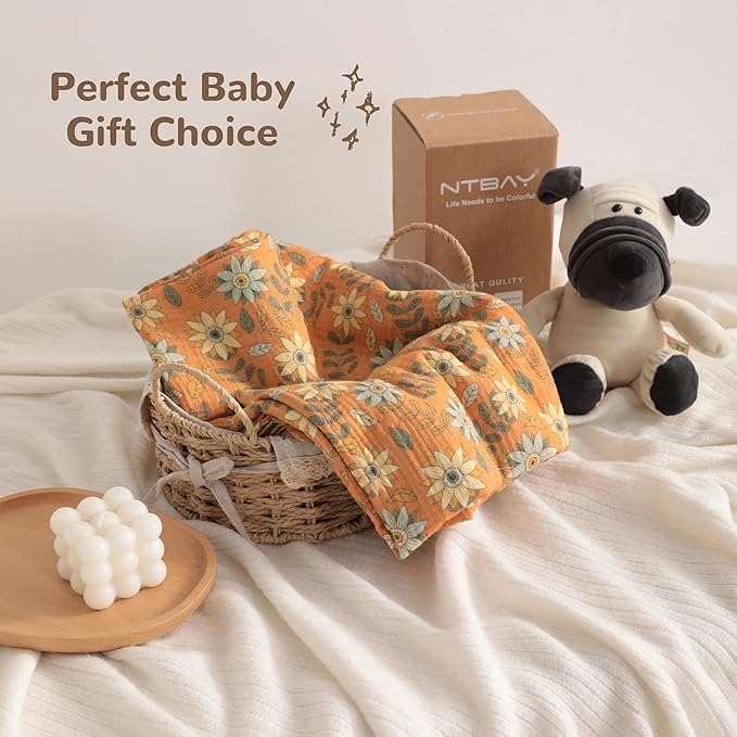 NTBAY 2 Layer Muslin Cotton Baby Swaddle Blanket, 30x40 Soft and Breathable Receiving for Newborns and Infants, Perfect for Crib, Stroller, Travel, Lightweight Nursery Blanket, Vintage Daisy Bloom