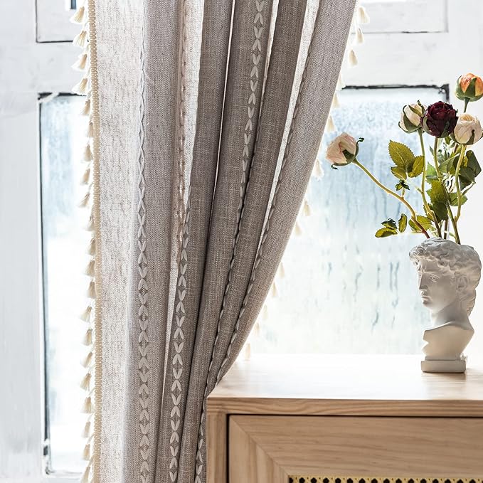 Deeprove Boho Curtain 63 Inches Length for Bedroom Living Room, Cotton Linen Weighted Taupe Stripes Embroidery, Semi Blackout Bohemian Retro Window Treatment Drape Tassels 1 Panel W52 x L63 Natural