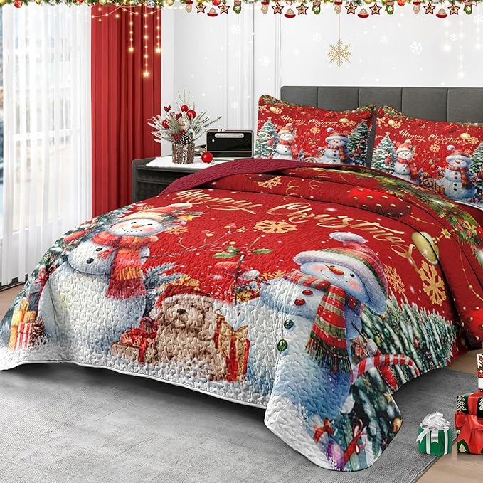 Christmas King Size Quilt Set, Dark Red Xmas Snowman Lightweight Bedspread Coverlet with Pillow Shams for Kids and Adults, Winter Snowflake Pine Tree 3 Pcs Bedding Bed Cover