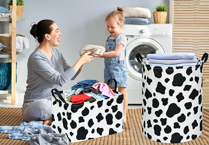 KUNRO Round Laundry Gift Basket Storage Hamper, Kids Toys and Clothes Storage Organizer Bins, Toy Shelf Basket with Handles for Room Decor (Rould Cow pattern)