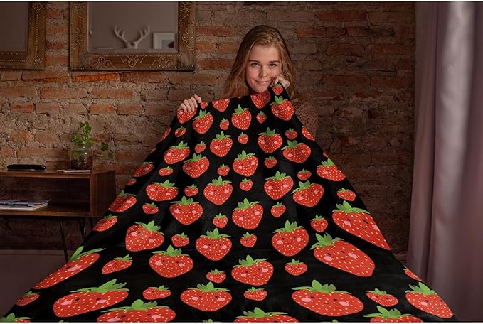 Thuswarm Cute Strawberry Kawaii Black Flannel Throw Blanket Warm Cozy Soft Funny Print Blankets for Bed Couch Sofa Room Decoration Gifts 80”×60” Large for Adult