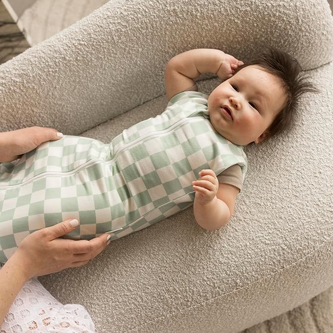 Tiny Twinkle Baby Sleep Sack 3-6 Months 1.0 TOG | Cotton & Elastane Wearable Blanket, Swaddle Transition Micro-Fleece, Machine Washable (Sage Checkers)