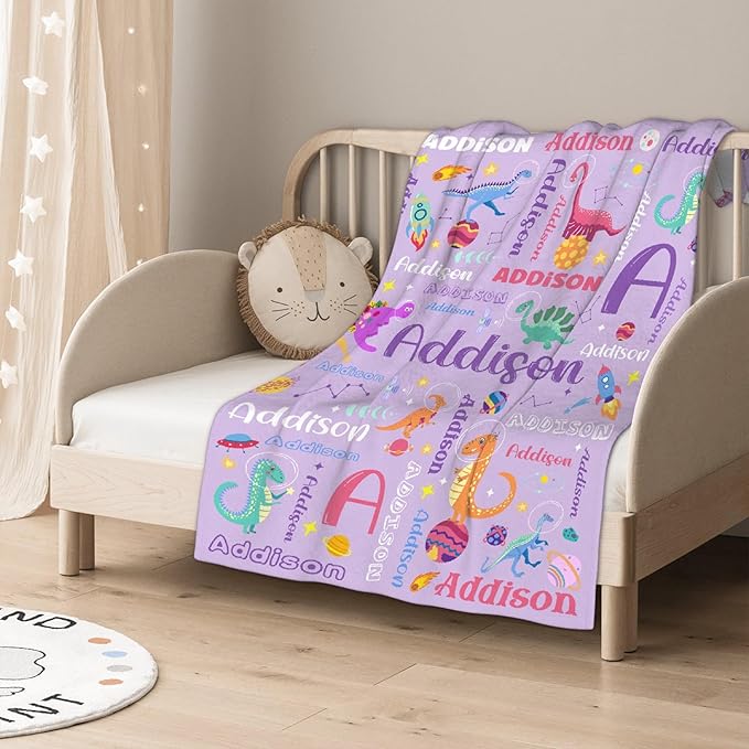 Personalized Dinosaur Lover Astronaut Gifts - Purple Baby Dinosaur Custom Blanket for Toddler Boys Girls - Super Soft Fuzzy Lightweight Flannel Throw Sheet Decor for Newborn Crib Nap Couch - 30" X 40"
