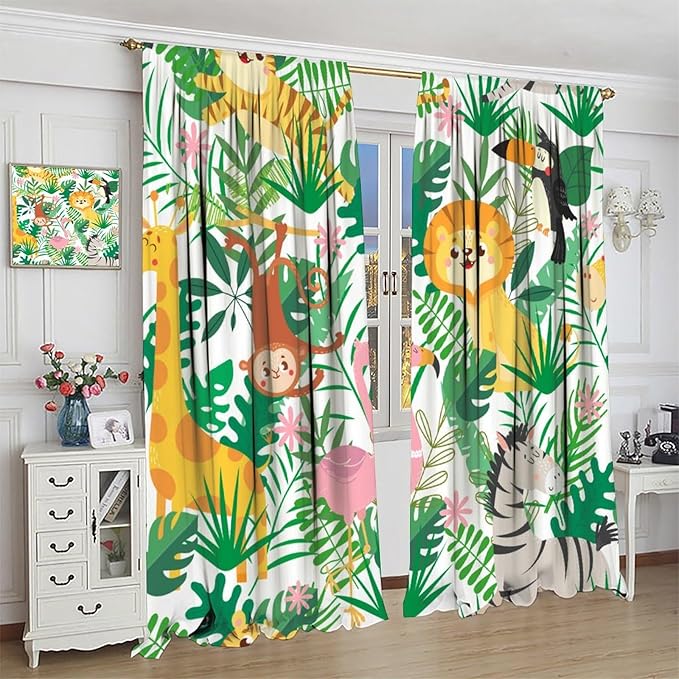 Jungle Animals Curtains Cartoon Cute Lion Giraffe Monkey Zebra Woodland Art Printed for Children Girls Boys Bedroom Nursery Rod Pocket Decoration Window Drapes 2 Panels W31.5xL72in