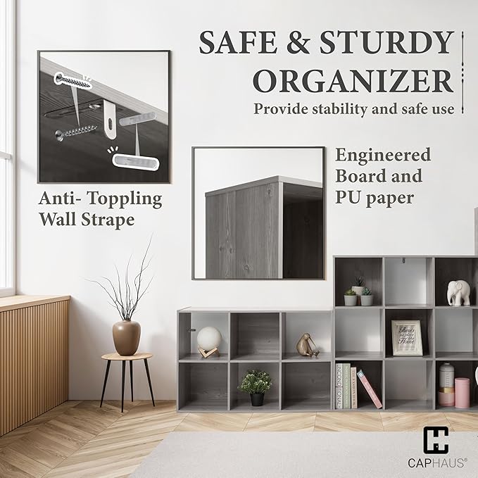 CAPHAUS 11-Inch Cube Storage Organizer Shelf, Home Storage Shelf Divider w/Back, 9-Cube Storage Bookcase, Greige Oak